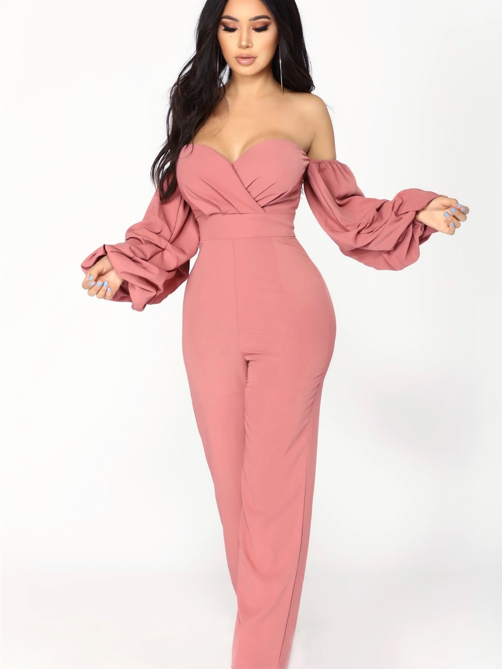Fashion Nova Dusty Rose Off-Shoulder Puff Sleeve Jumpsuit